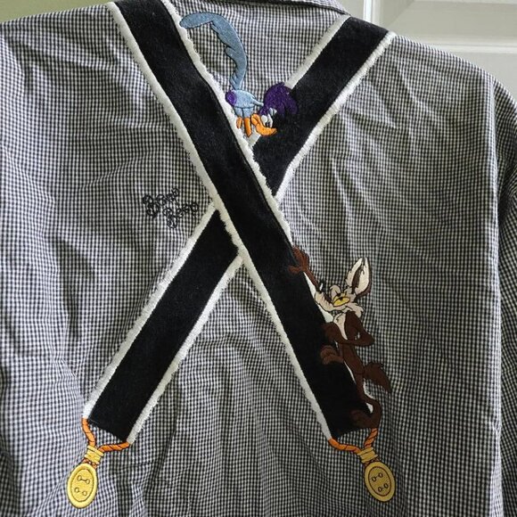 Vintage Warner Bros Looney Tunes Plaid Embroidered Suspenders Button Down Top - Picture 9 of 11